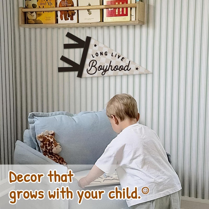SJDFCSA Boys Room Decor, Long Live Boyhood Wall Hanging Pennant Flag Banner, Preppy Neutral Checkerboard Wall Decorations for Nursery Toddler Boys Bedroom Playroom Decor - Image 3